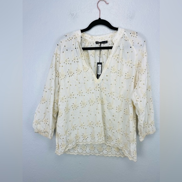 NWT Gypsy 05 Eyelet Cream Ivory Crochet Peplum Baby Doll Long Sleeve Blouse - Picture 2 of 8